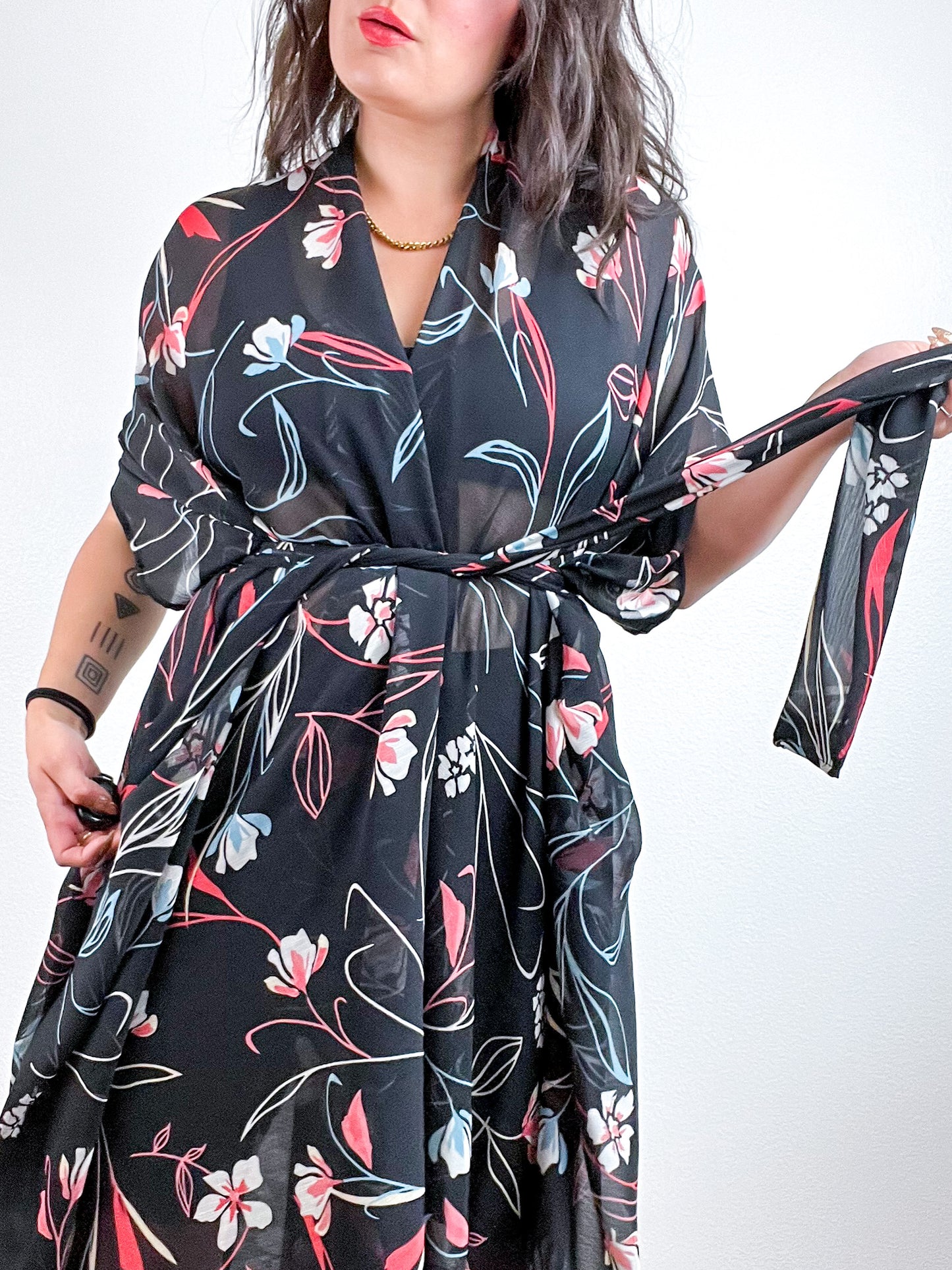 Print High Low Kimono Black Whispy Floral Crinkle Chiffon