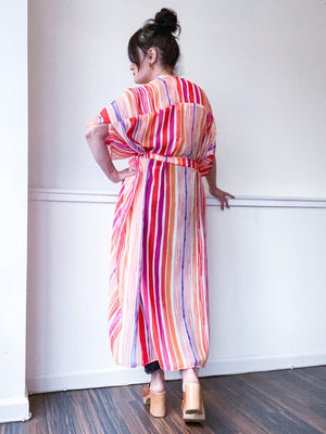 Print High Low Kimono Stripes Chiffon