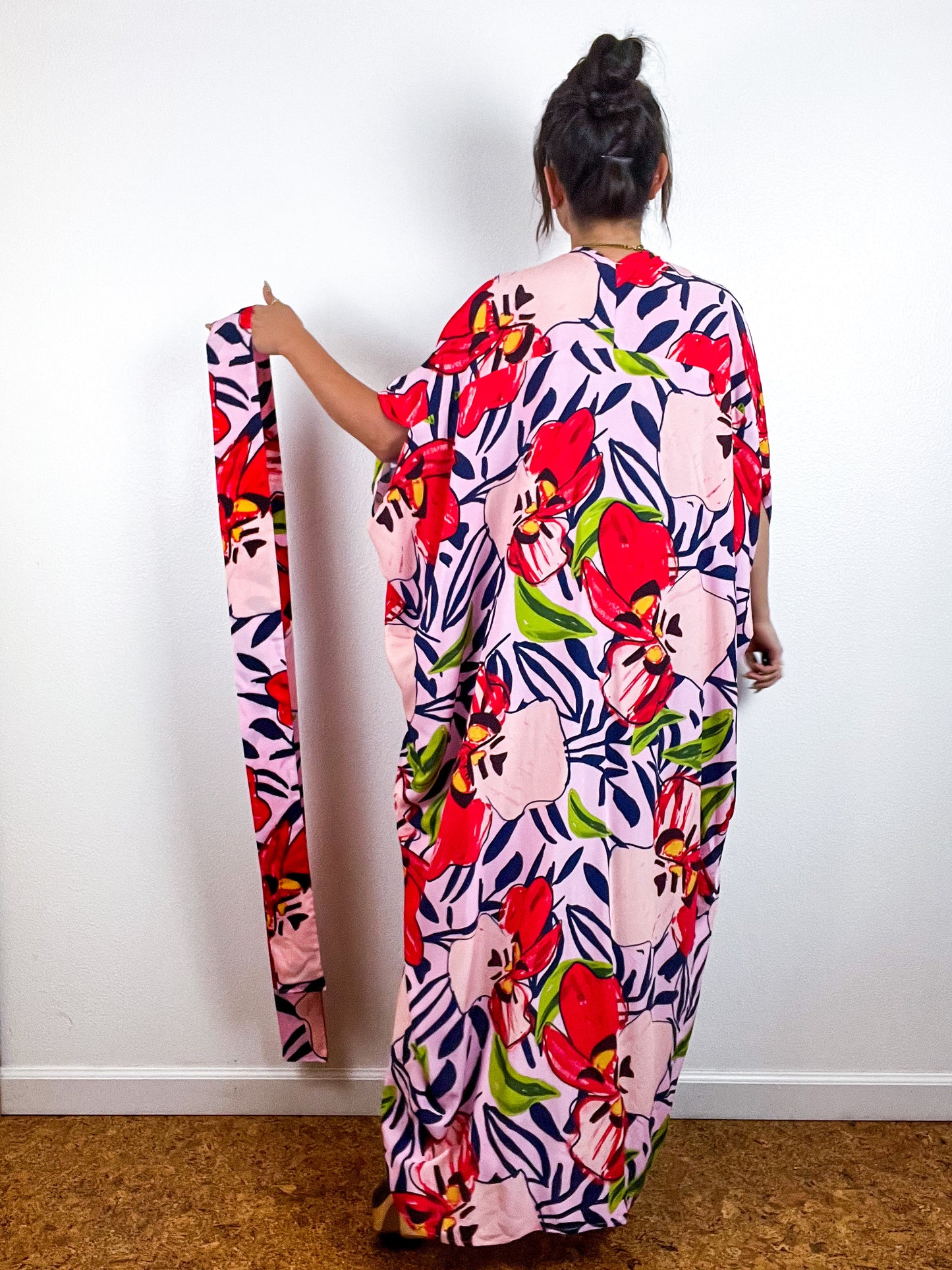Print High Low Kimono Pink Painterly Orchids Challis