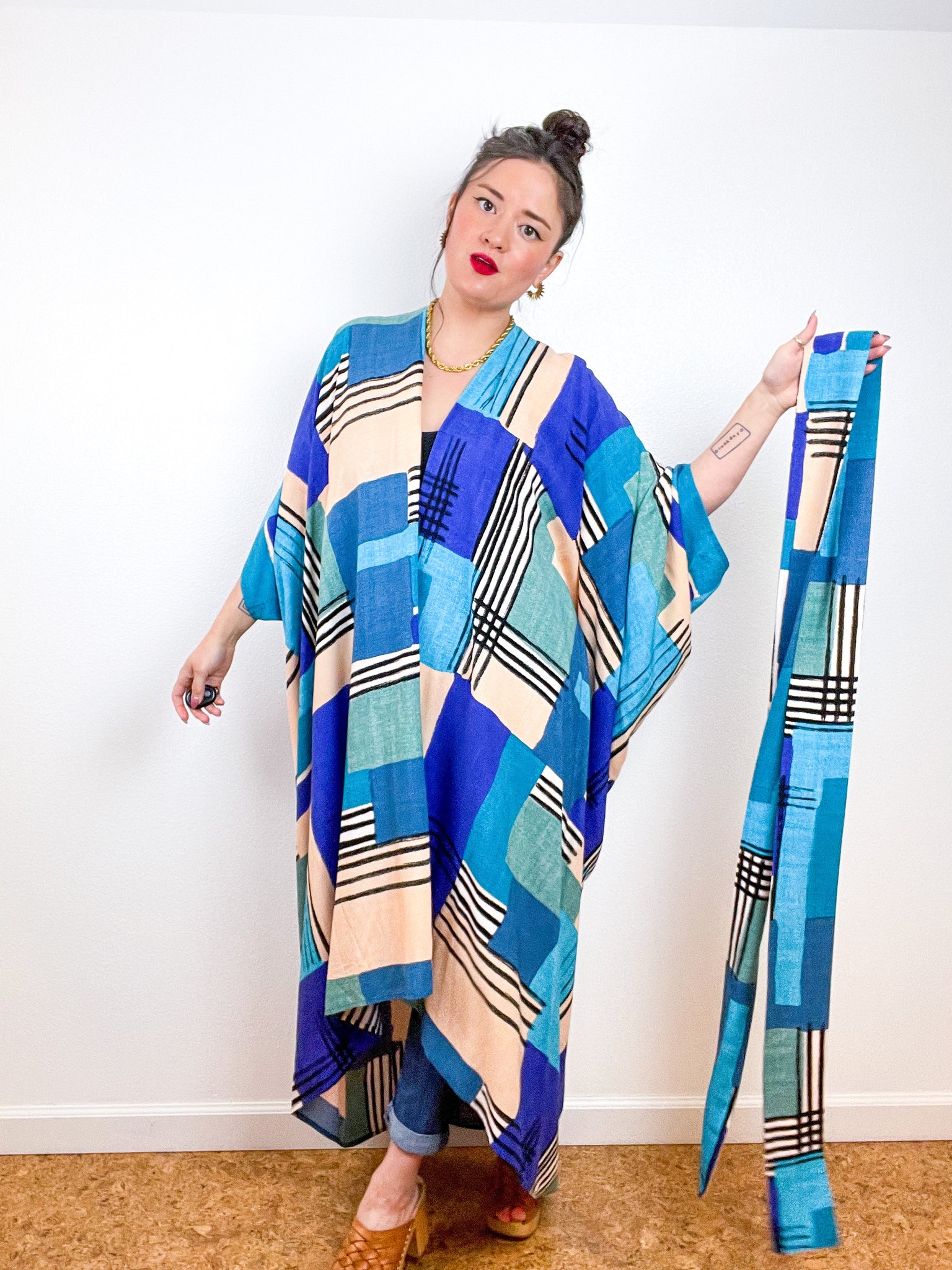 High Low Kimono Nineties Plaid Rayon Challis