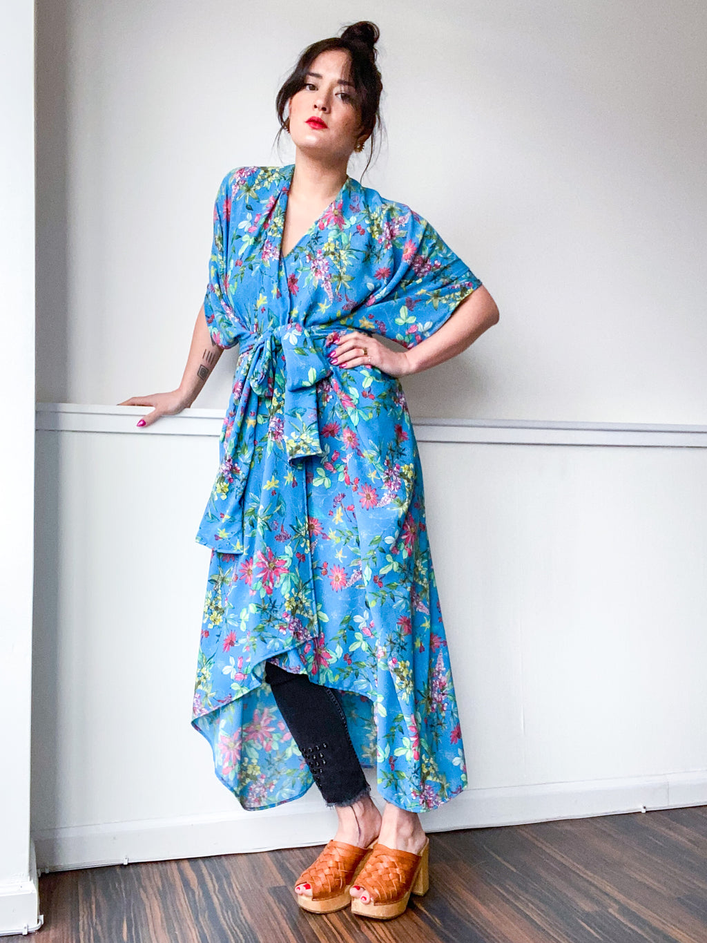 Print High Low Kimono Turquoise Mini Floral