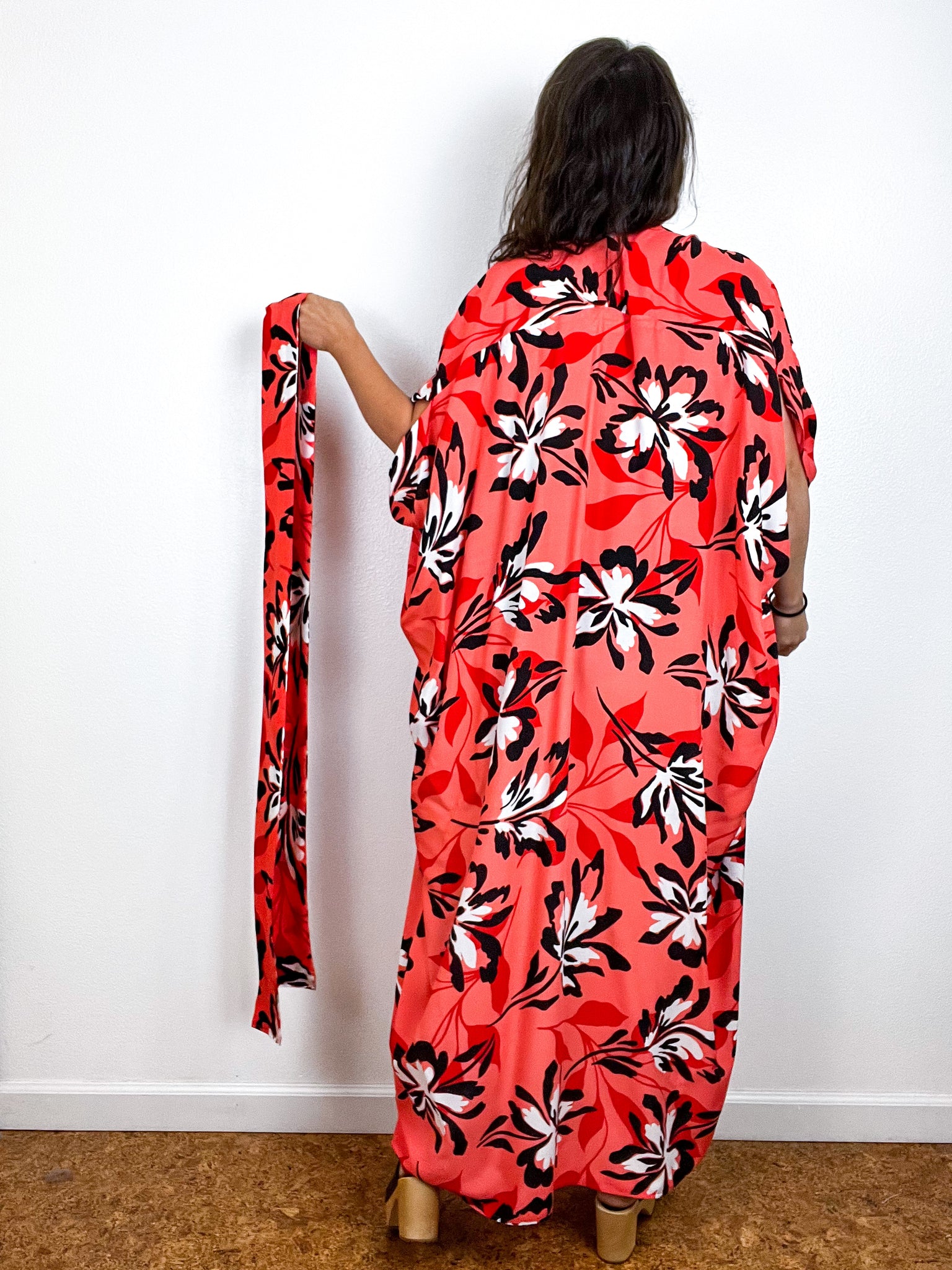 Print High Low Kimono Coral Tropical Challis