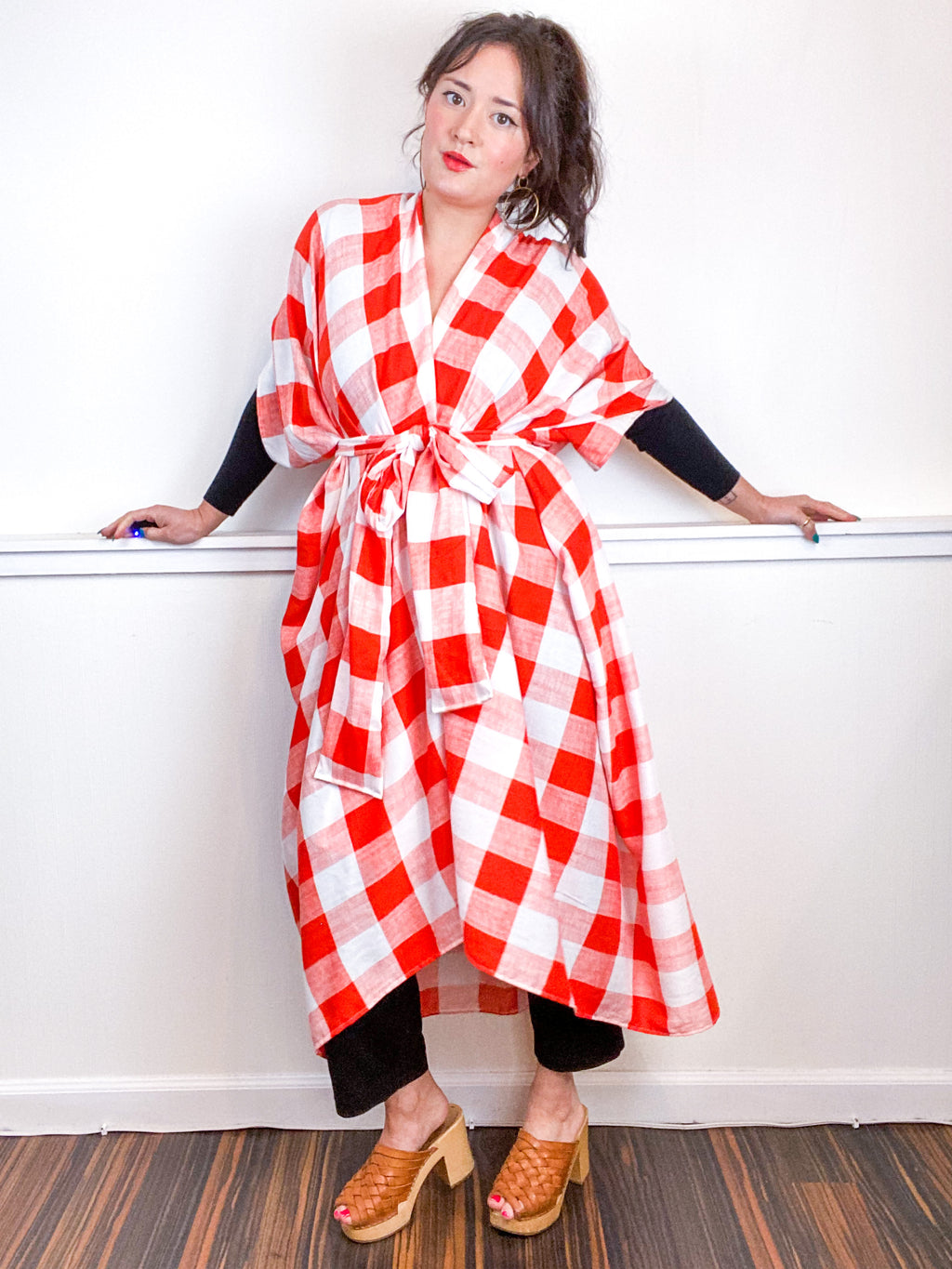 Print High Low Kimono Orange White Checker Rayon Challis