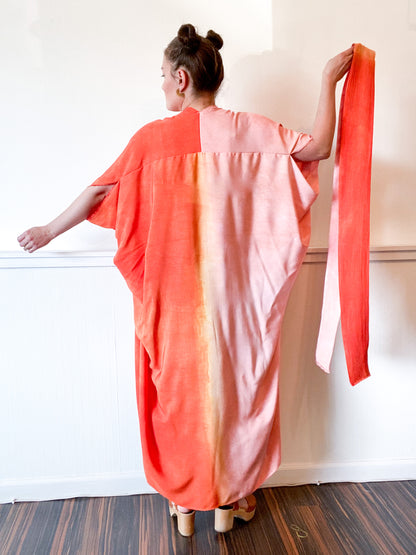 Hand-Dyed High Low Kimono Two Tone Powder Pink Tangerine