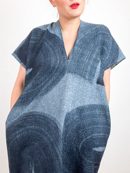 Hand-Dyed Flannel Smock Dress Blue Herringbone Brushstrokes