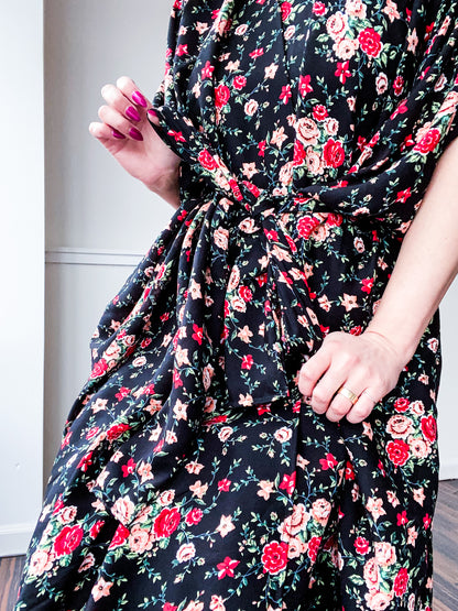 Print High Low Kimono Black Mini Red Rose Floral