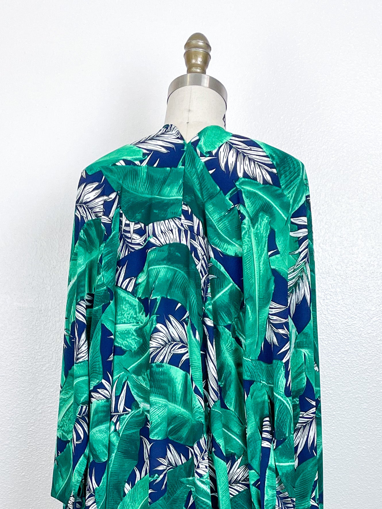 Print High Low Kimono Navy Green Palms Bubble Crepe