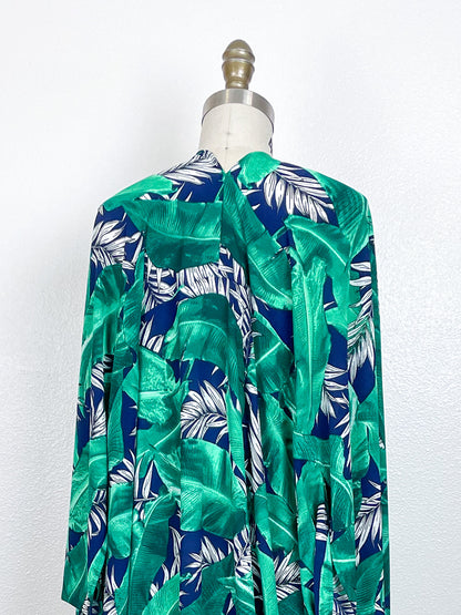 Print High Low Kimono Navy Green Palms Bubble Crepe