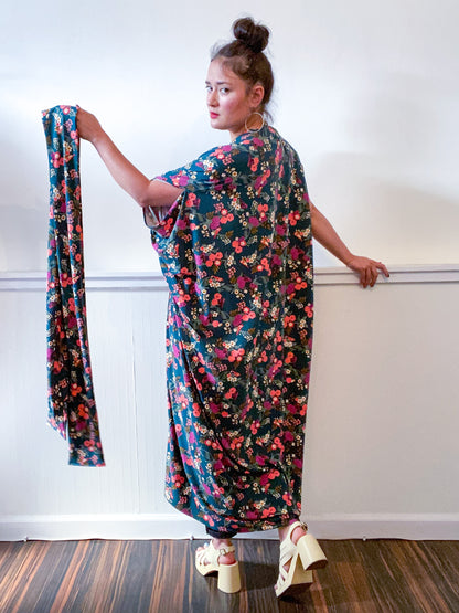 Print High Low Kimono Forest Green Mini Floral Knit
