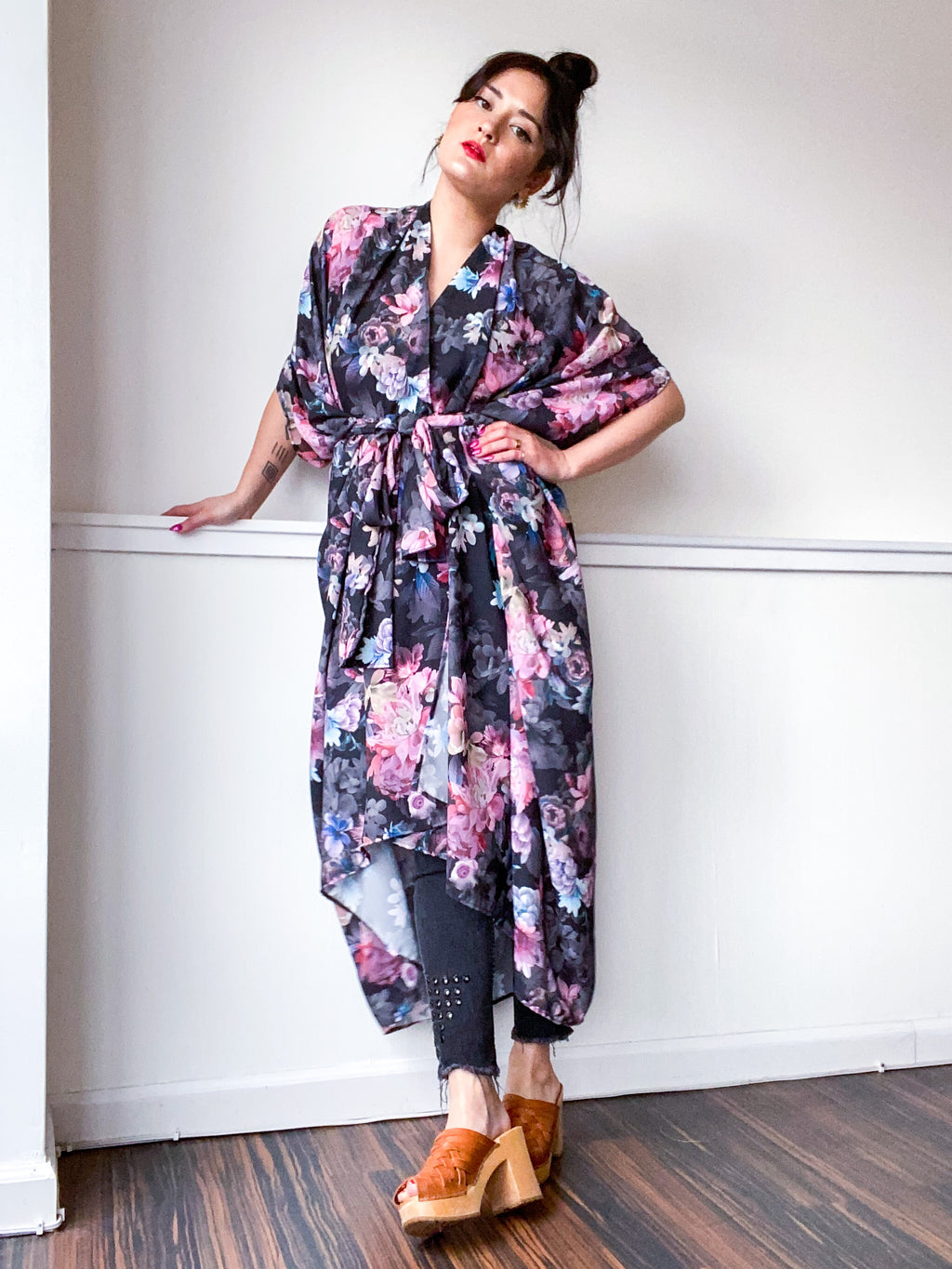 Print High Low Kimono Black Pastel Floral