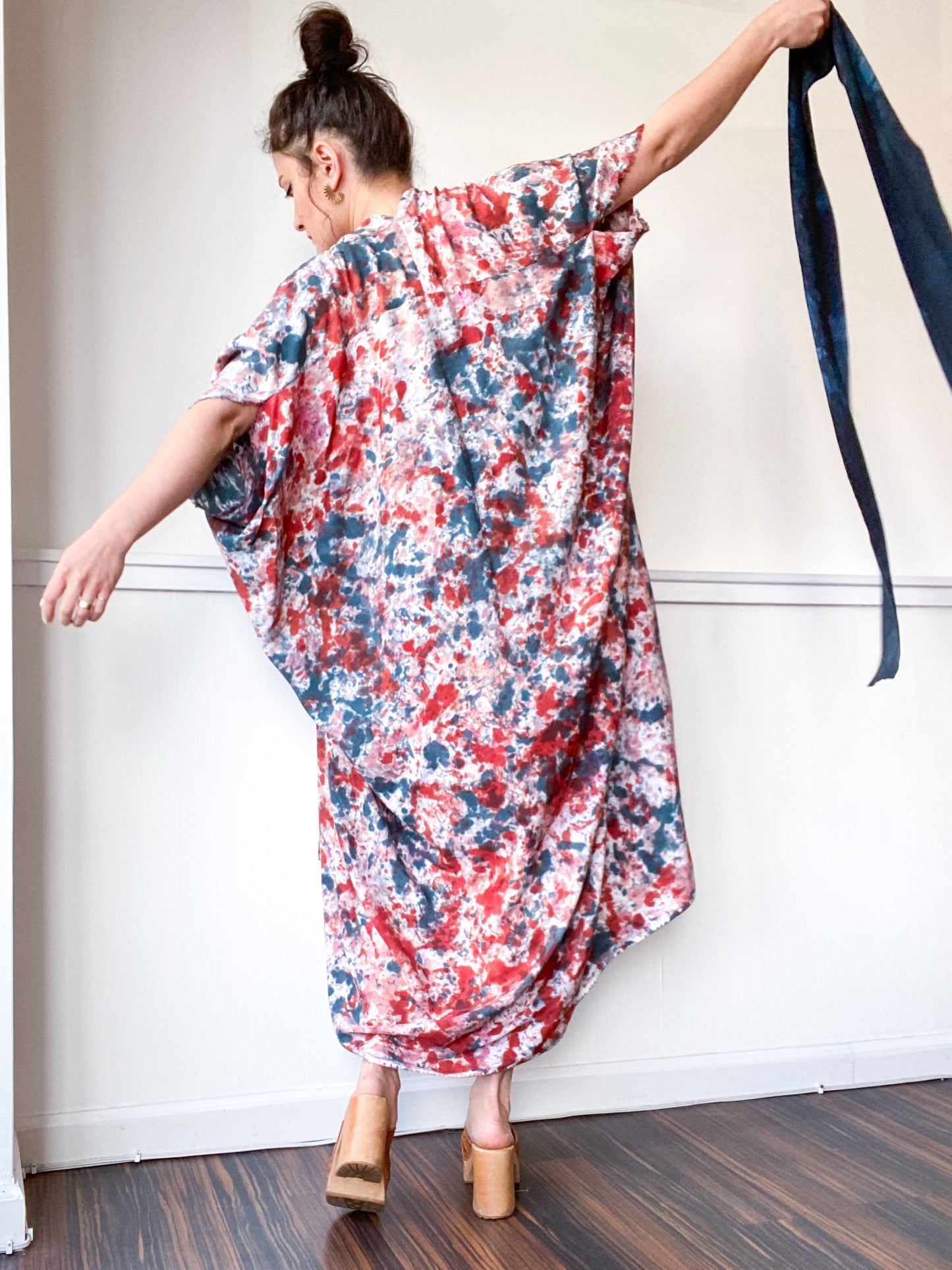 Hand-Dyed High Low Kimono Speckle Teal Terracotta Pink