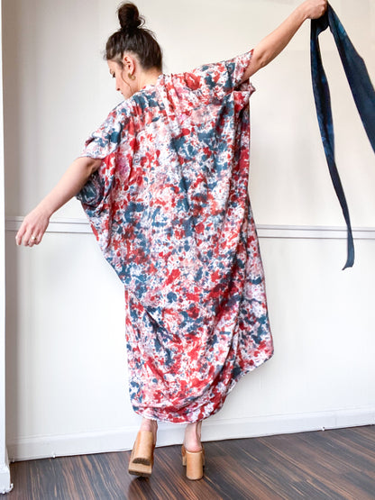 Hand-Dyed High Low Kimono Speckle Teal Terracotta Pink