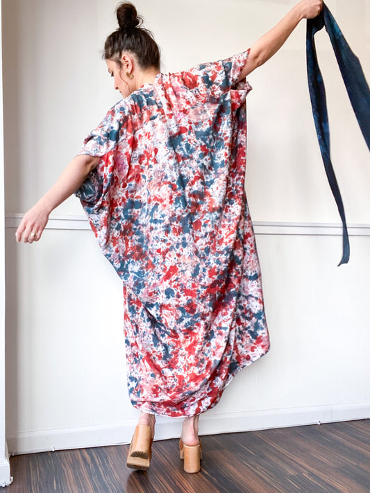 Hand-Dyed High Low Kimono Speckle Teal Terracotta Pink