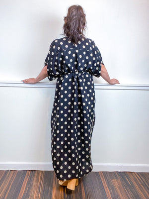 Print High Low Kimono Black Ivory Dots Satin