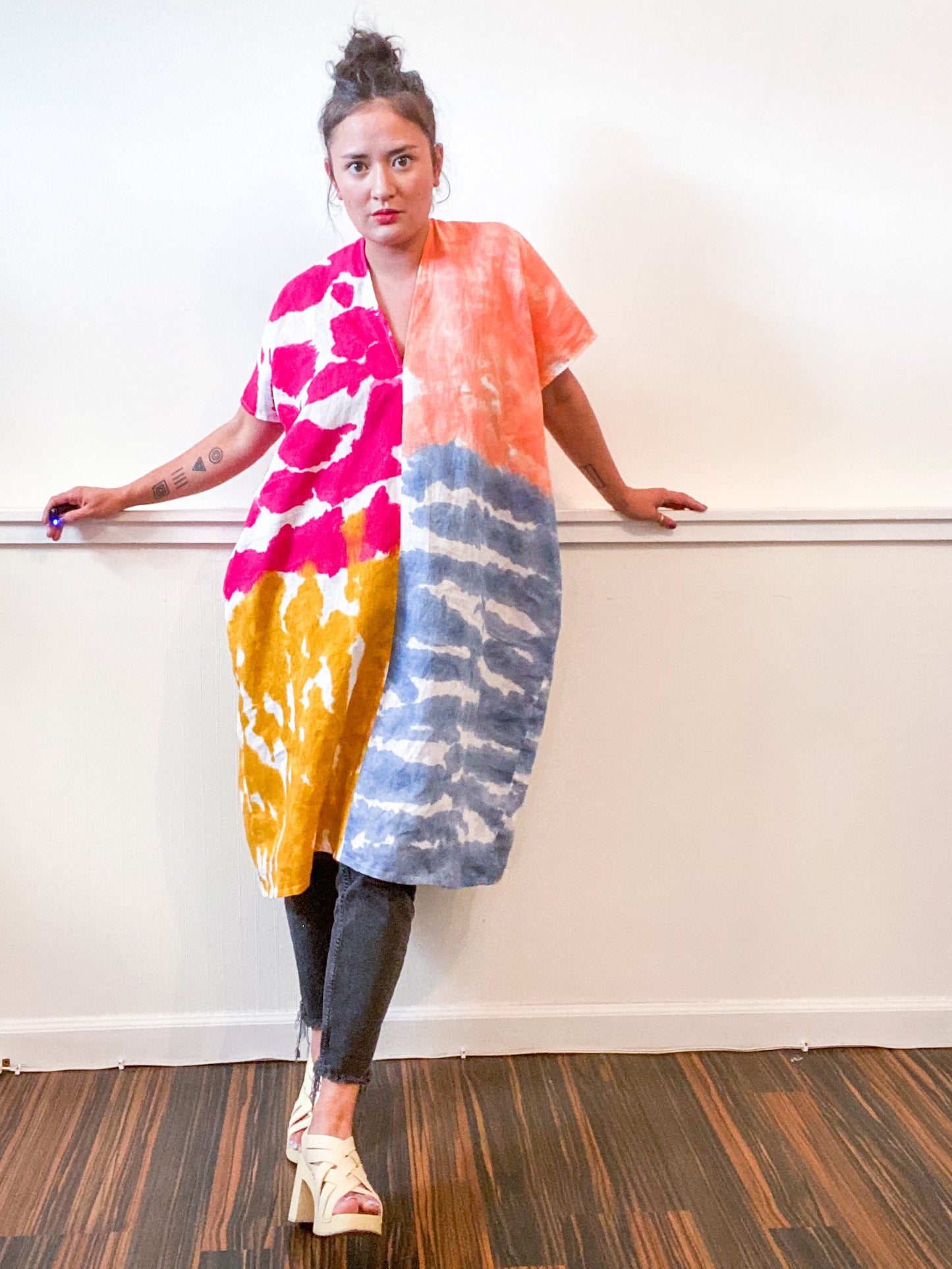 Hand-Dyed Linen Smock Dress Four-Tone