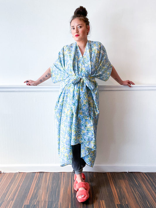 Print High Low Kimono Aqua Yellow Floral Crepe de Chine