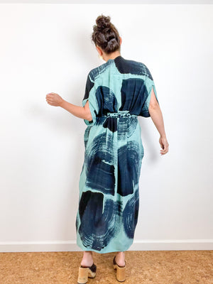 Hand-Dyed High Low Kimono Aqua Black Brushstroke
