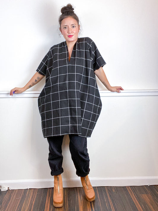 Plaid Smock Dress Mini Length Black Windowpane