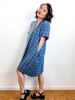 Chambray Windowpane Mini Smock Dress Two Tone