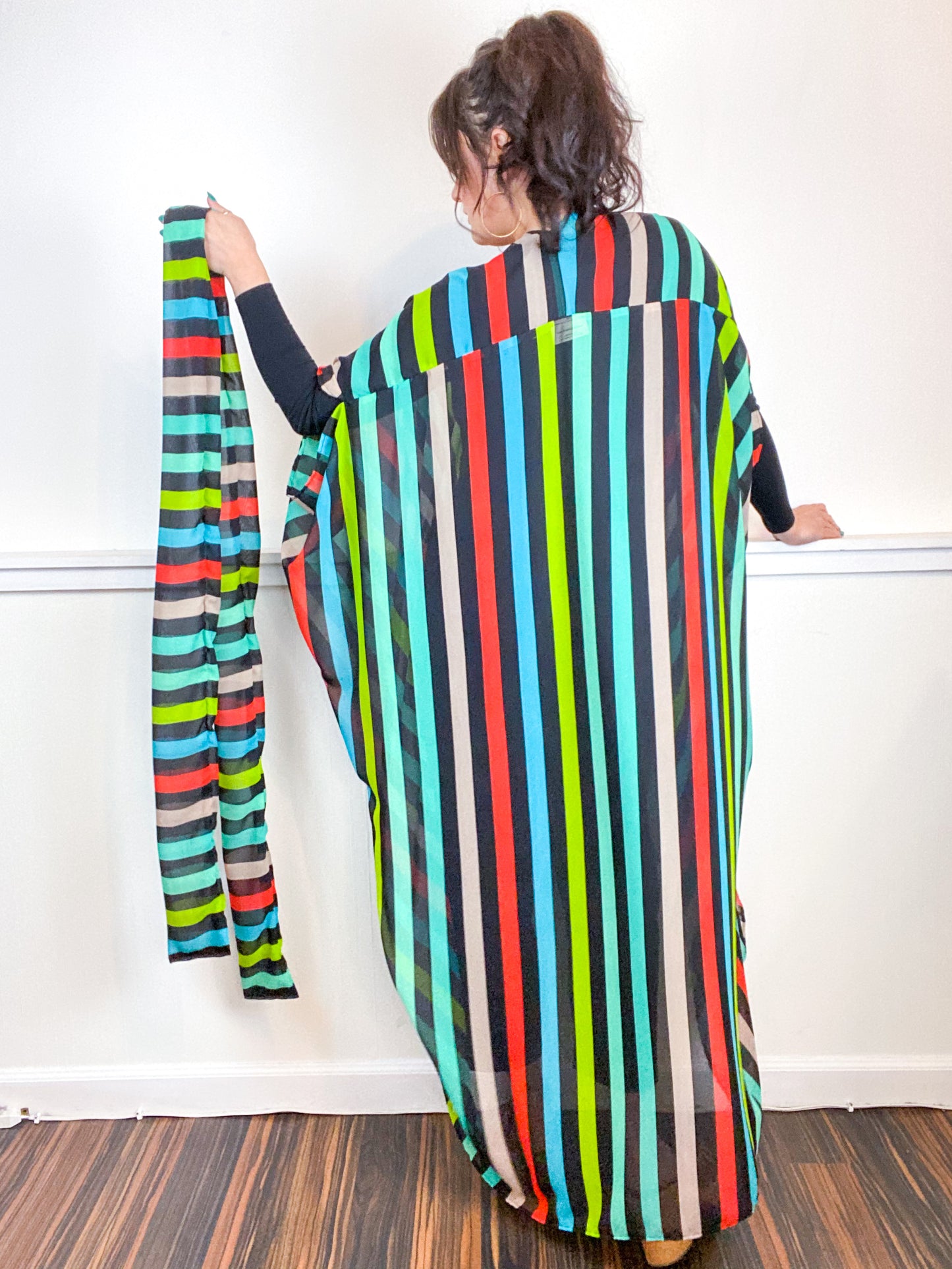 Print High Low Kimono Multi Stripe Chiffon