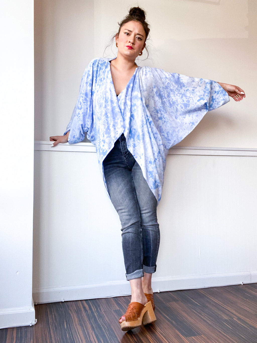 Hand-Dyed Waterfall Kimono Speckle Pastel Blue