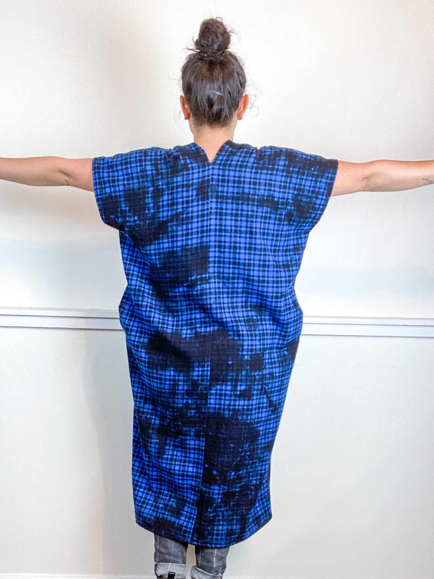 Over-Dye Plaid Smock Dress Black Blue Midi