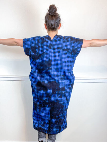 Over-Dye Plaid Smock Dress Black Blue Midi