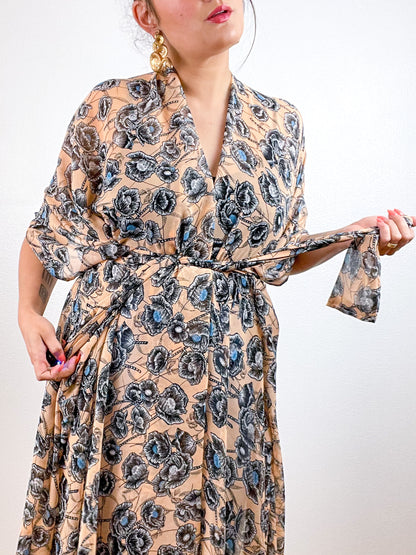 Print High Low Kimono Peach Poppy Floral Chiffon
