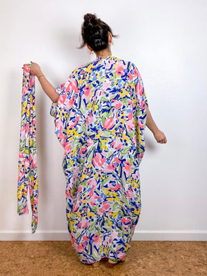 Print High Low Kimono Painterly Pastel Floral Crepe