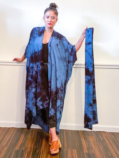 Hand-Dyed High Low Kimono Classic Blue Black Overdye