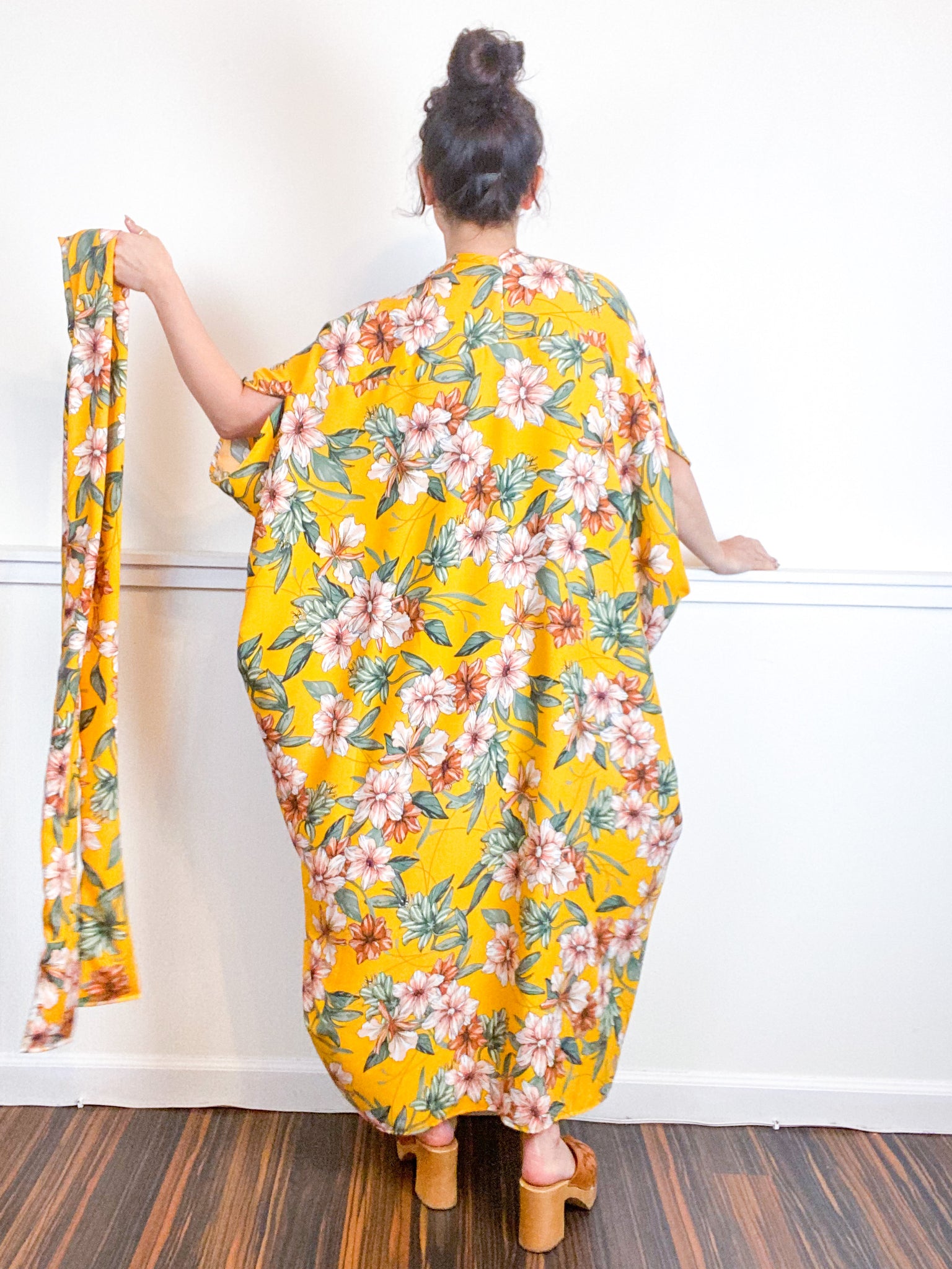 Print High Low Kimono Marigold Lily Floral Rayon Challis