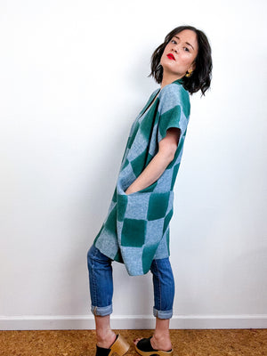 Hand-Dyed Mini Smock Dress Blue Green Checkerboard