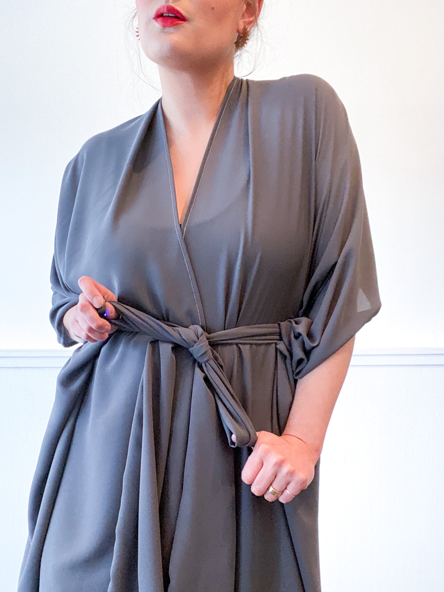 Print High Low Kimono Solid Grey Georgette