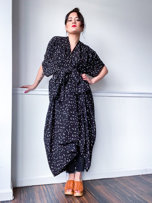 Print High Low Kimono Black Mini Polka Dot