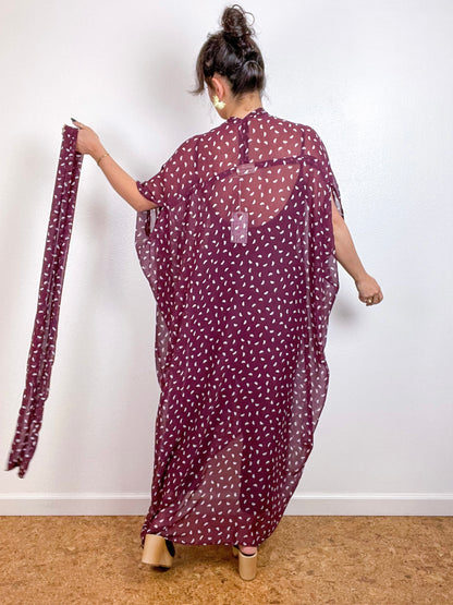 Print High Low Kimono Maroon Half Moon Chiffon