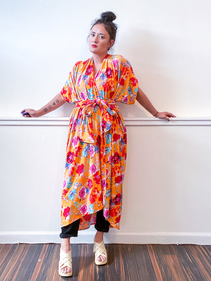Print High Low Kimono Goldenrod Floral Knit