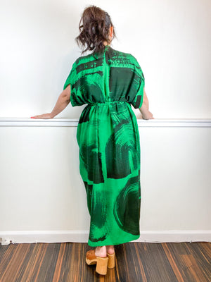 Hand-Dyed High Low Kimono Green Black Brushstroke