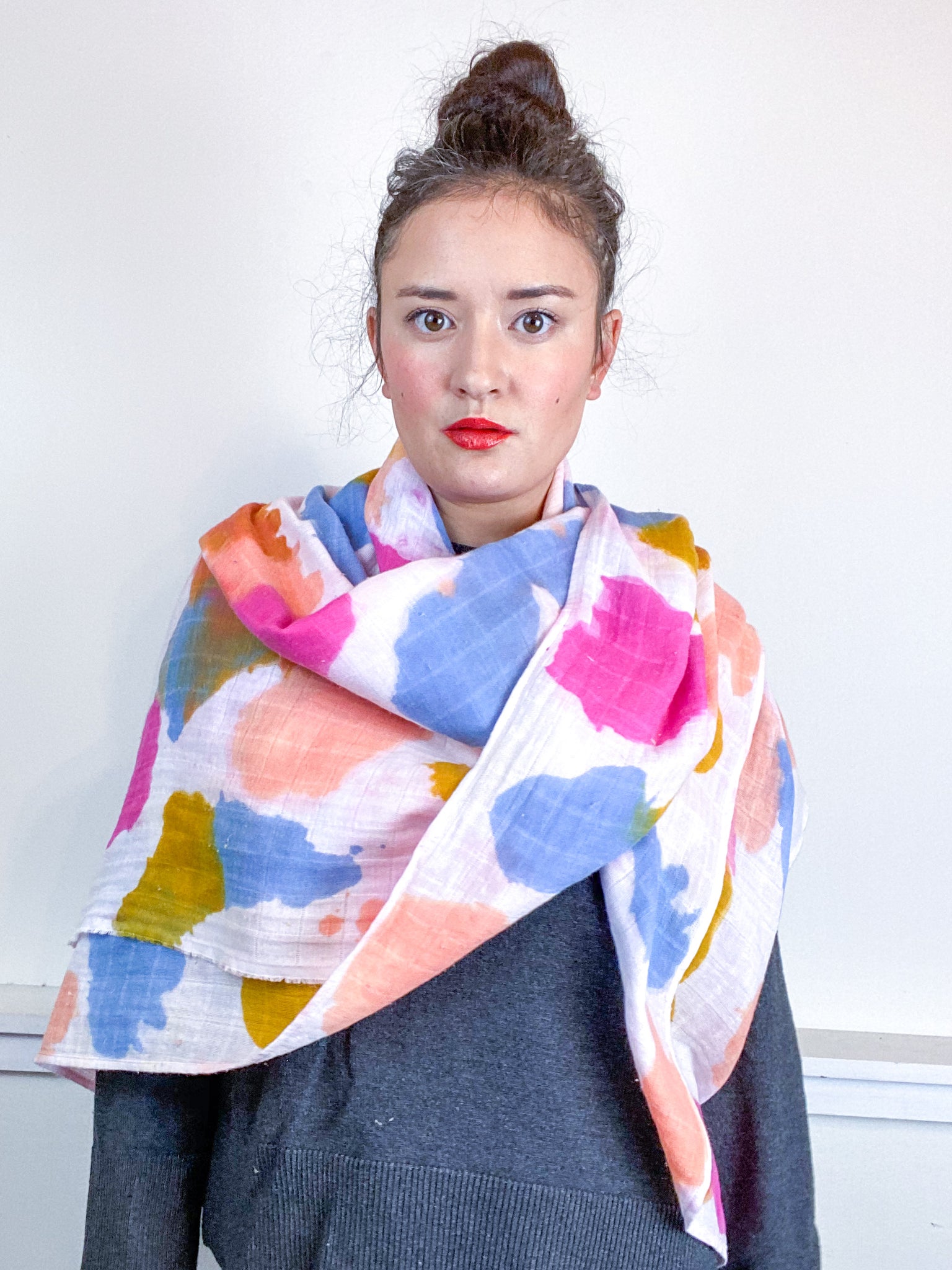 Hand-Dyed Large Square Scarf Blue Coral Fuchsia Marigold