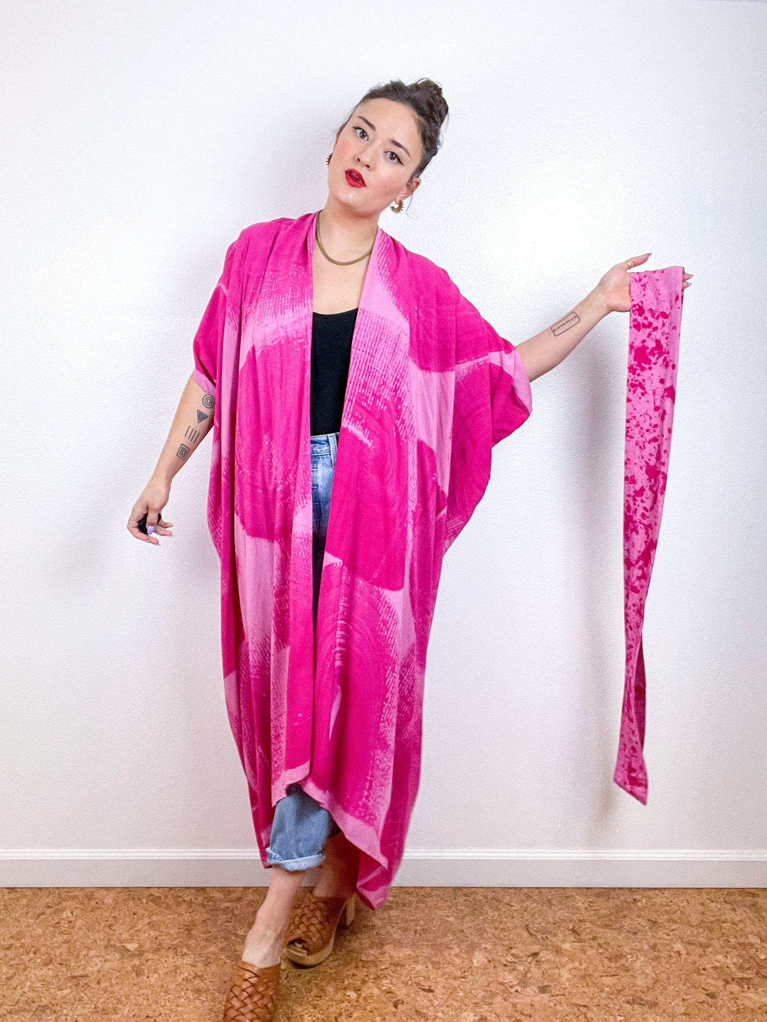 Hand-Dyed High Low Kimono Pink Fuchsia Brushstroke