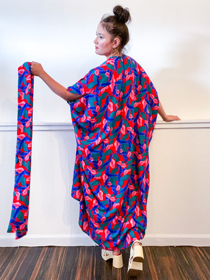 Print High Low Kimono Tropical Leaves Rayon Challis