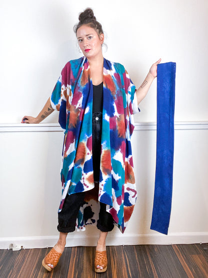 OOAK Hand-Dyed High Low Kimono Maroon Terracotta Indigo Kingfisher Inkblot