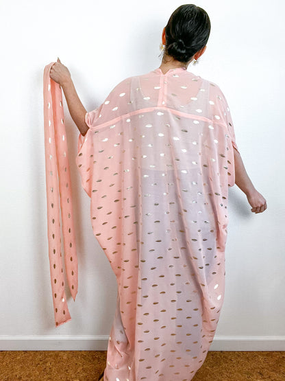 Print High Low Kimono Blush Gold Leaf Chiffon