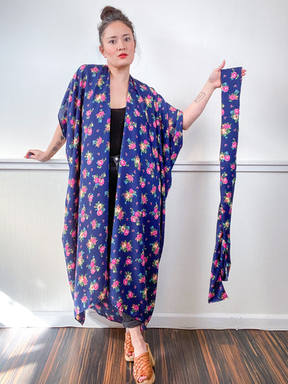 Print High Low Kimono Navy Pink Bouquet Satin