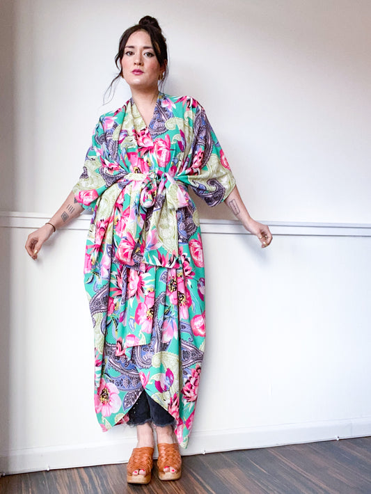 Print High Low Kimono Green Paisley