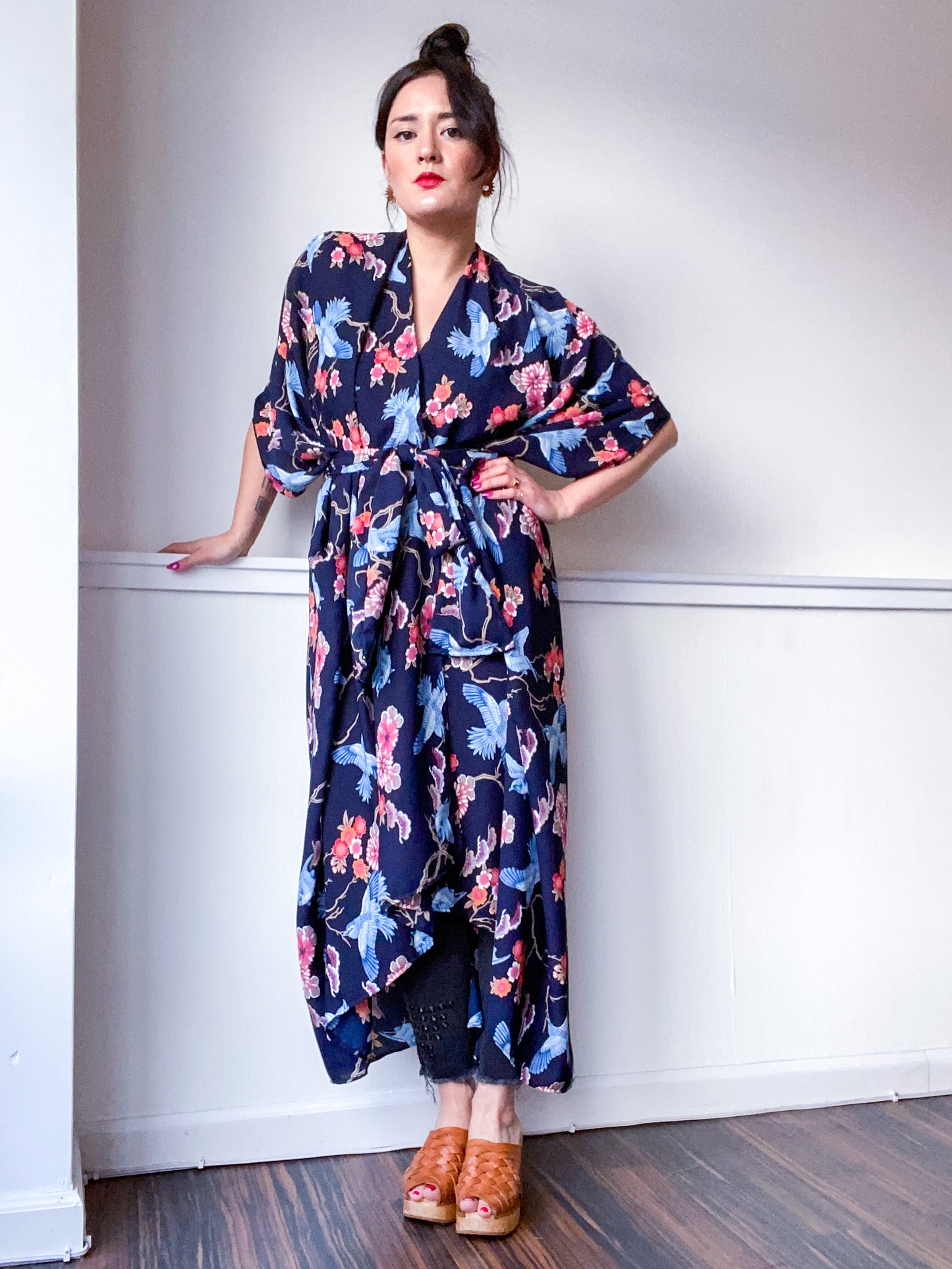 Print High Low Kimono Birds and Branches