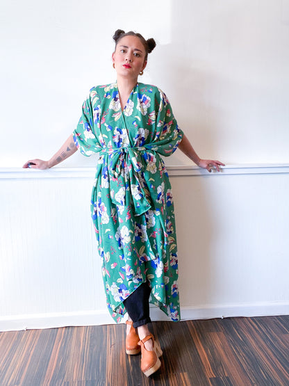 Print High Low Kimono Green Floral Georgette