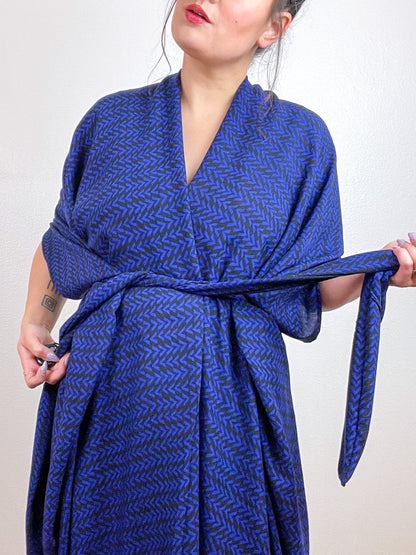 Print High Low Kimono Royal Black V Rayon Challis
