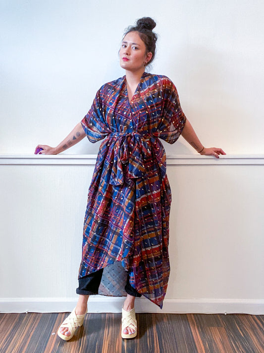 Print High Low Kimono Navy Gold Plaid Chiffon