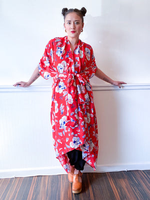 Print High Low Kimono Red Floral Georgette