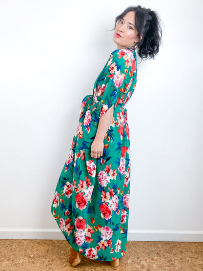 Print High Low Kimono Green Floral Bubble Crepe
